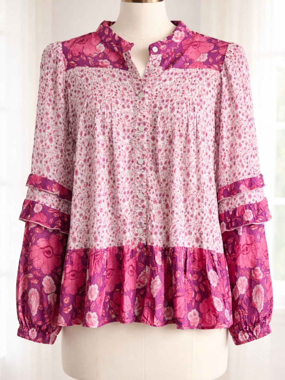 Pink Floral Patchwork Peasant Blouse
